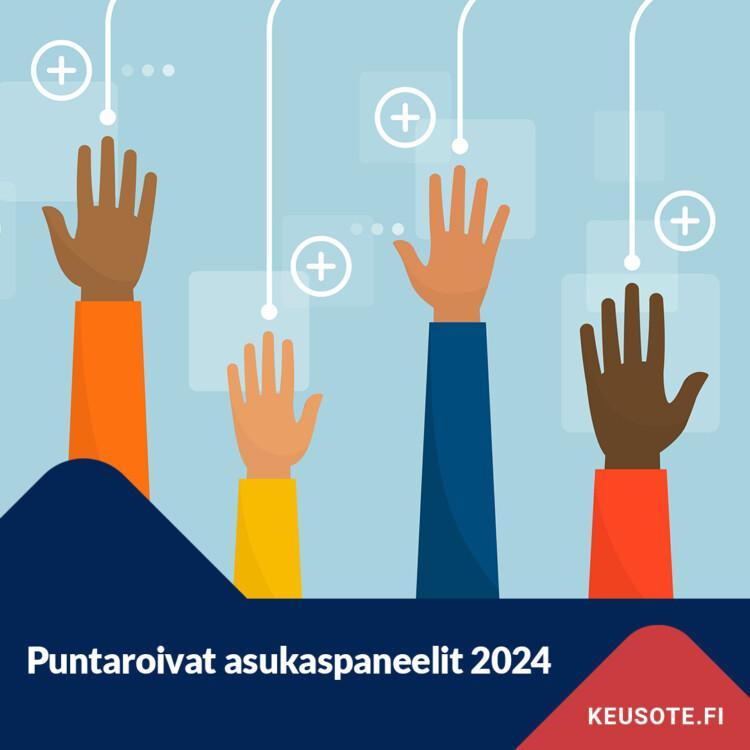 Kuvassa viittaavia käsiä ilmassa sekä teksti: Puntaroivat asukaspaneelit 2024 sekä Keusoten logo.