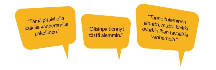 Puhekupla 1: "Tämän pitäisi olla kaikille vanhemmille pakollinen."
Puhekupla 2: "Olisinpa tiennyt tästä aiemmin."
Puhekupla 3: "Tänne tuleminen jännitti, mutta kaikki ovatkin ihan tavallisia vanhempia."